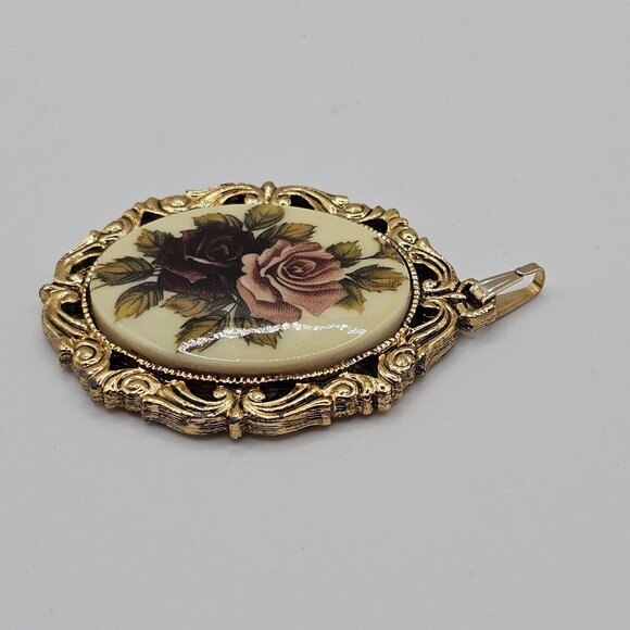 VTG Necklace Pendant Floral Cameo Mirror Backed Gold Tone Frame Antique Revival - Picture 9 of 10